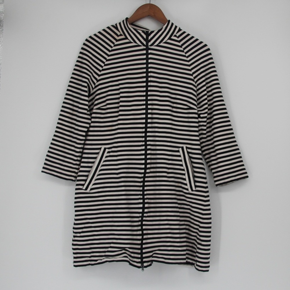 Cabi Byline 5851 Ponte Knit Striped Zip Front Jacket Blazer Black White Large
